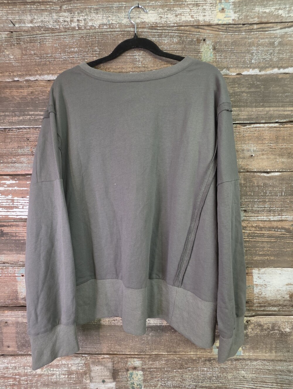 HEYSON Size L Oversized Olive Henley Sweatshirt Exposed Seam Raw Edge Pullover - Picture 3 of 5